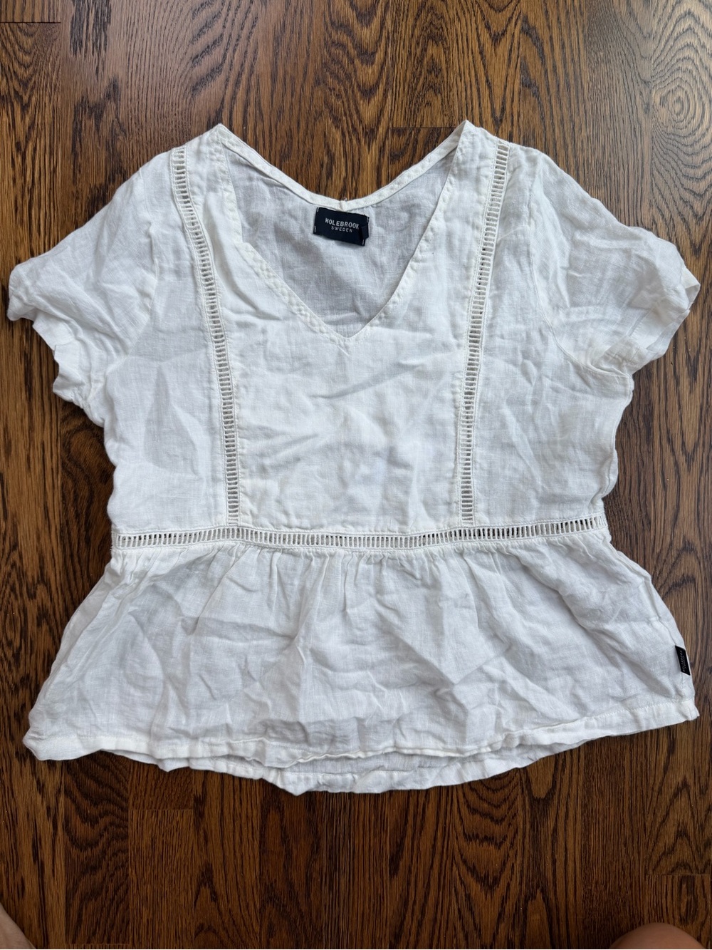 Holebrook Sweden White Linen V-Neck Cottagecore Blouse with Lace Trim Size S